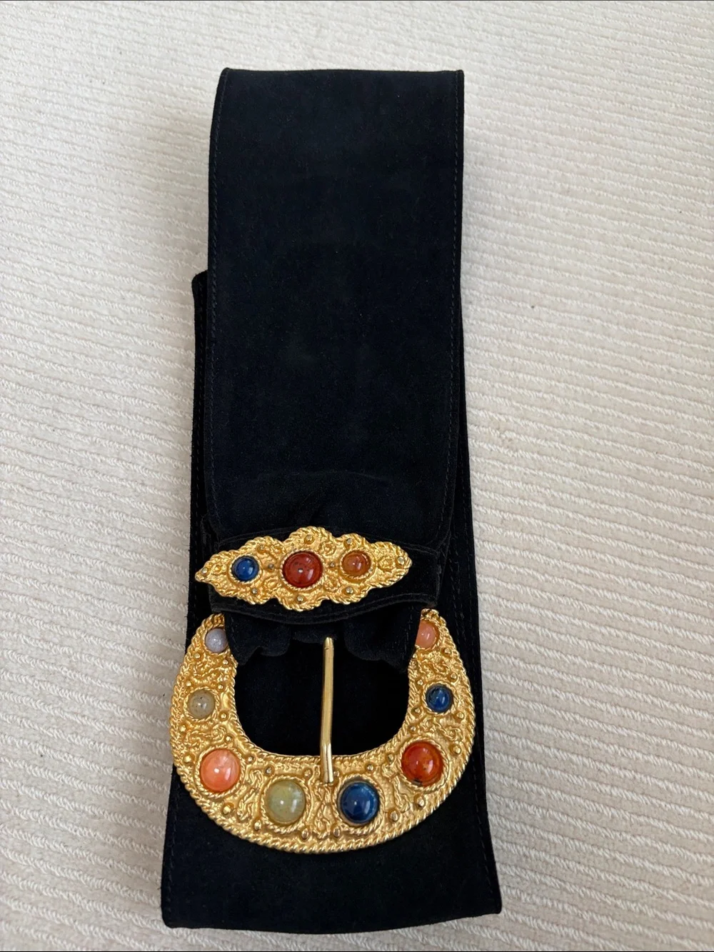 Black Suede Leather Belt with Gold Gem-Studded Buckle